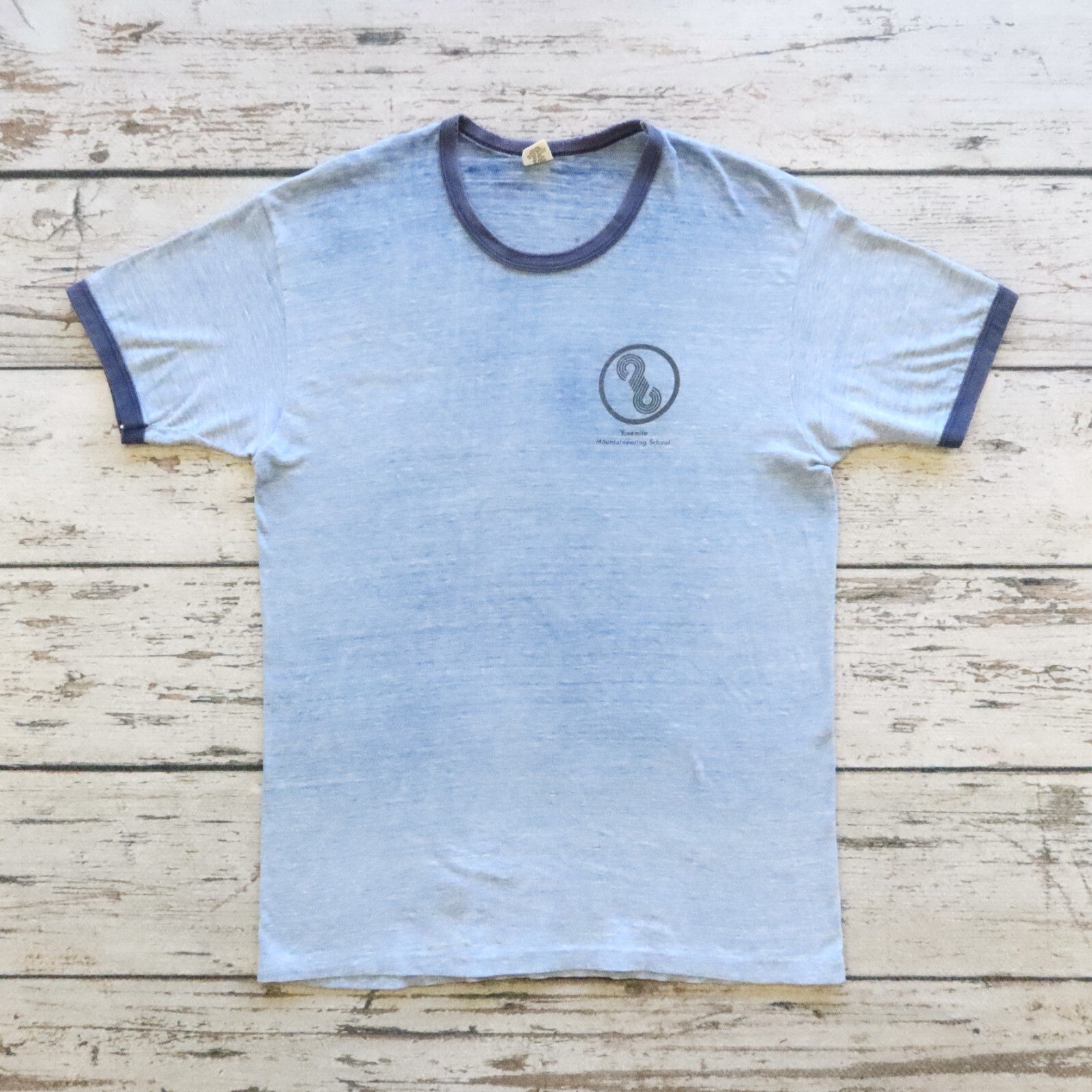 Vintage Go Climb a Rock Yosemite Mountaineering School Ringer Shirt Made in USA