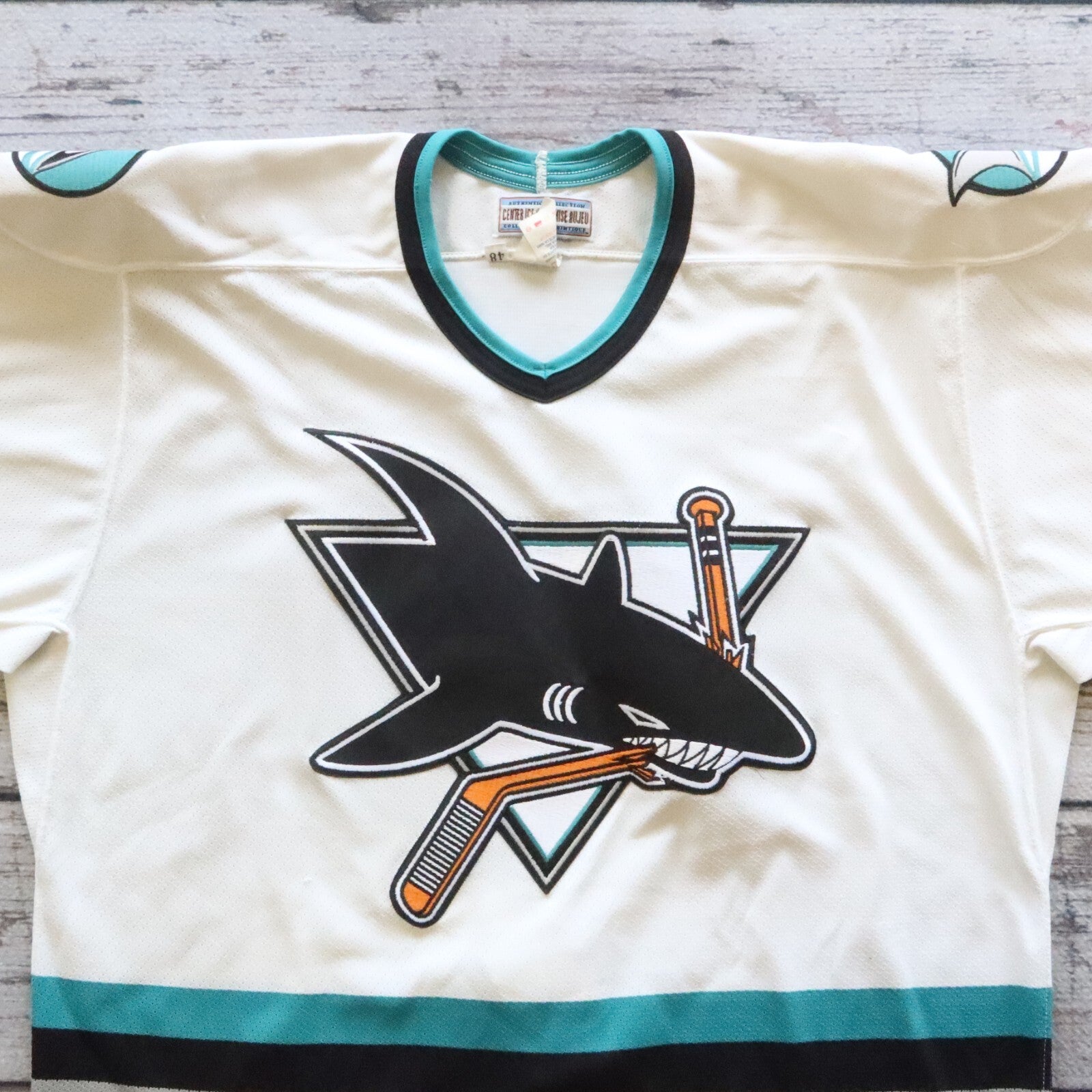 Vintage San Jose Sharks Maska Air Knit Hockey Jersey Fight Strap Size 48