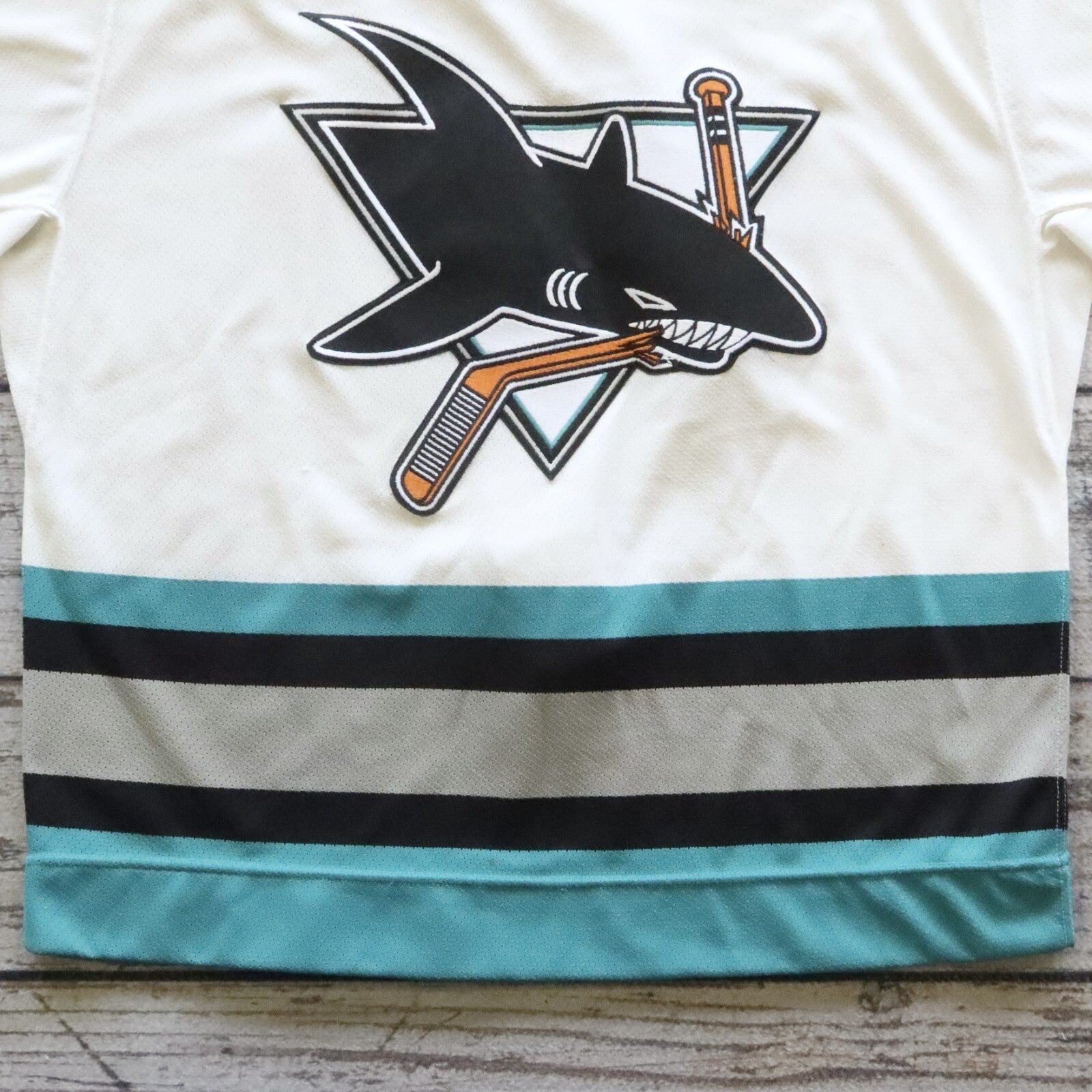 Vintage San Jose Sharks Maska Air Knit Hockey Jersey Fight Strap Size 48