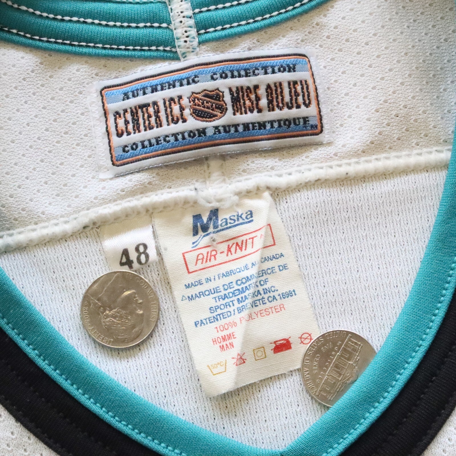 Vintage San Jose Sharks Maska Air Knit Hockey Jersey Fight Strap Size 48