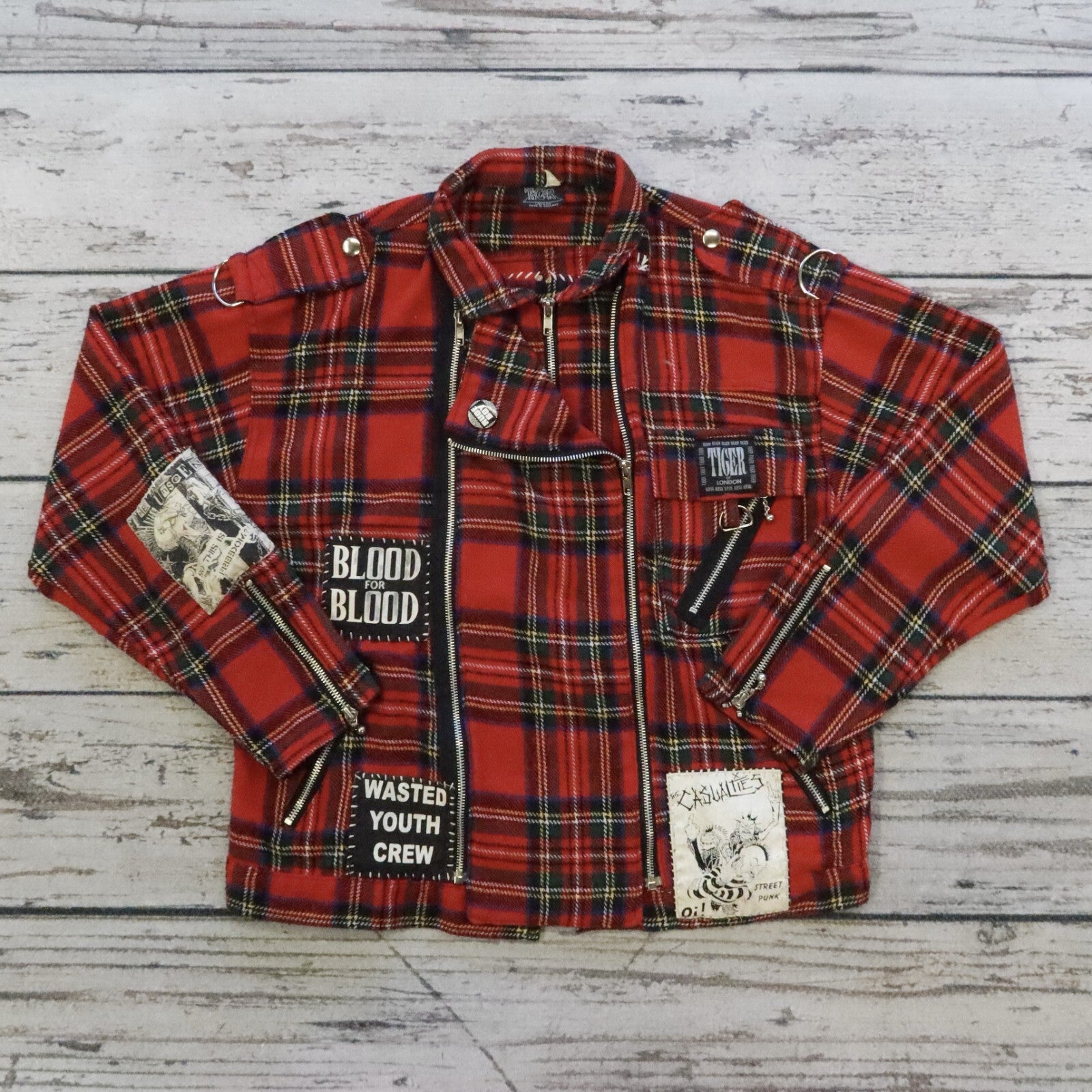 Vintage Tiger of London Main Street Saints Patchwork Plaid Biker Jacket Rare