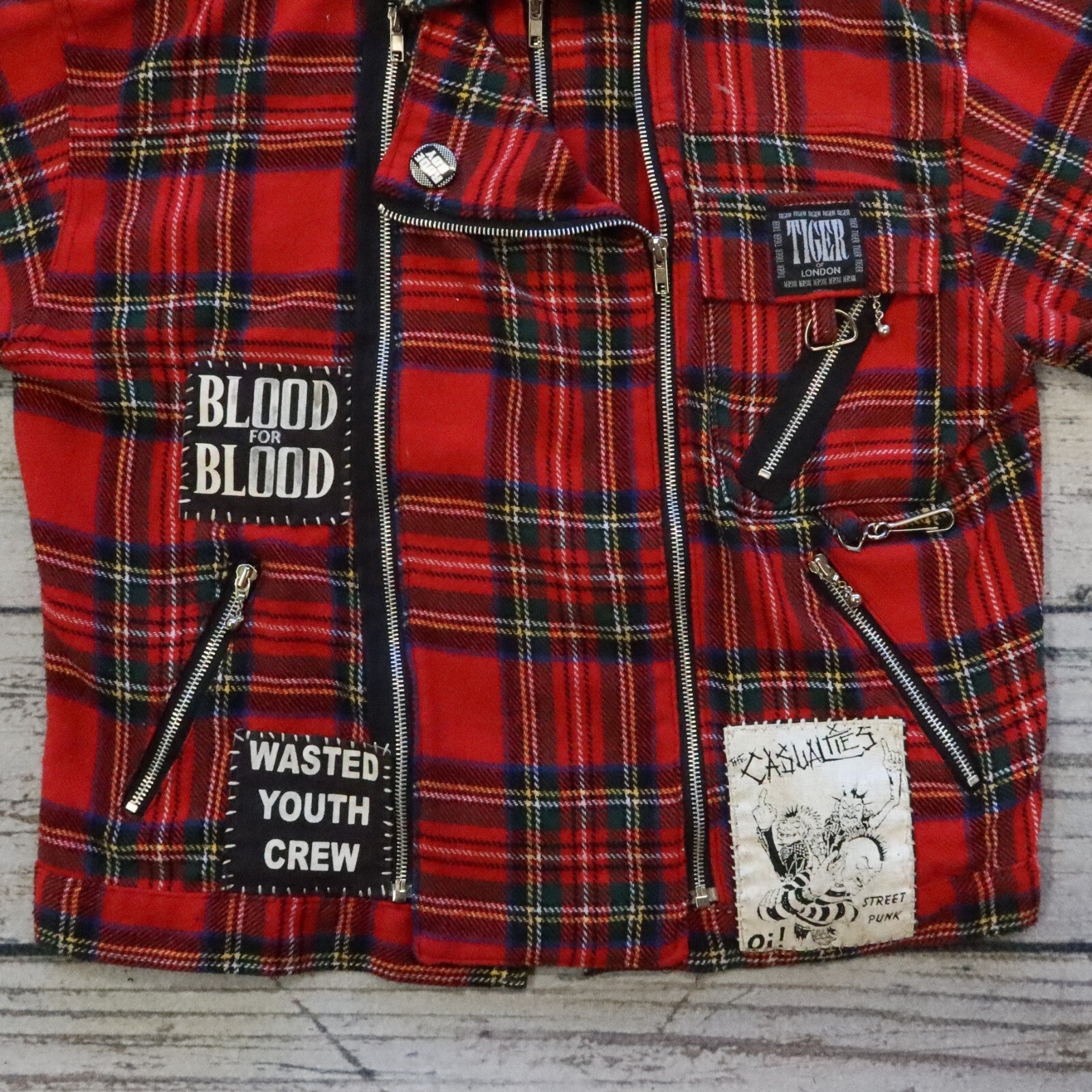 Vintage Tiger of London Main Street Saints Patchwork Plaid Biker Jacket Rare