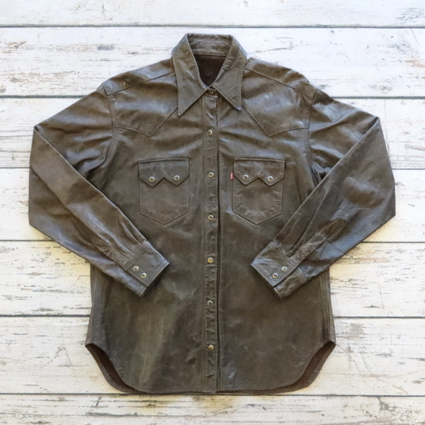 Vintage 90s Levis Sawtooth Pearl Snap Western Leather Shirt