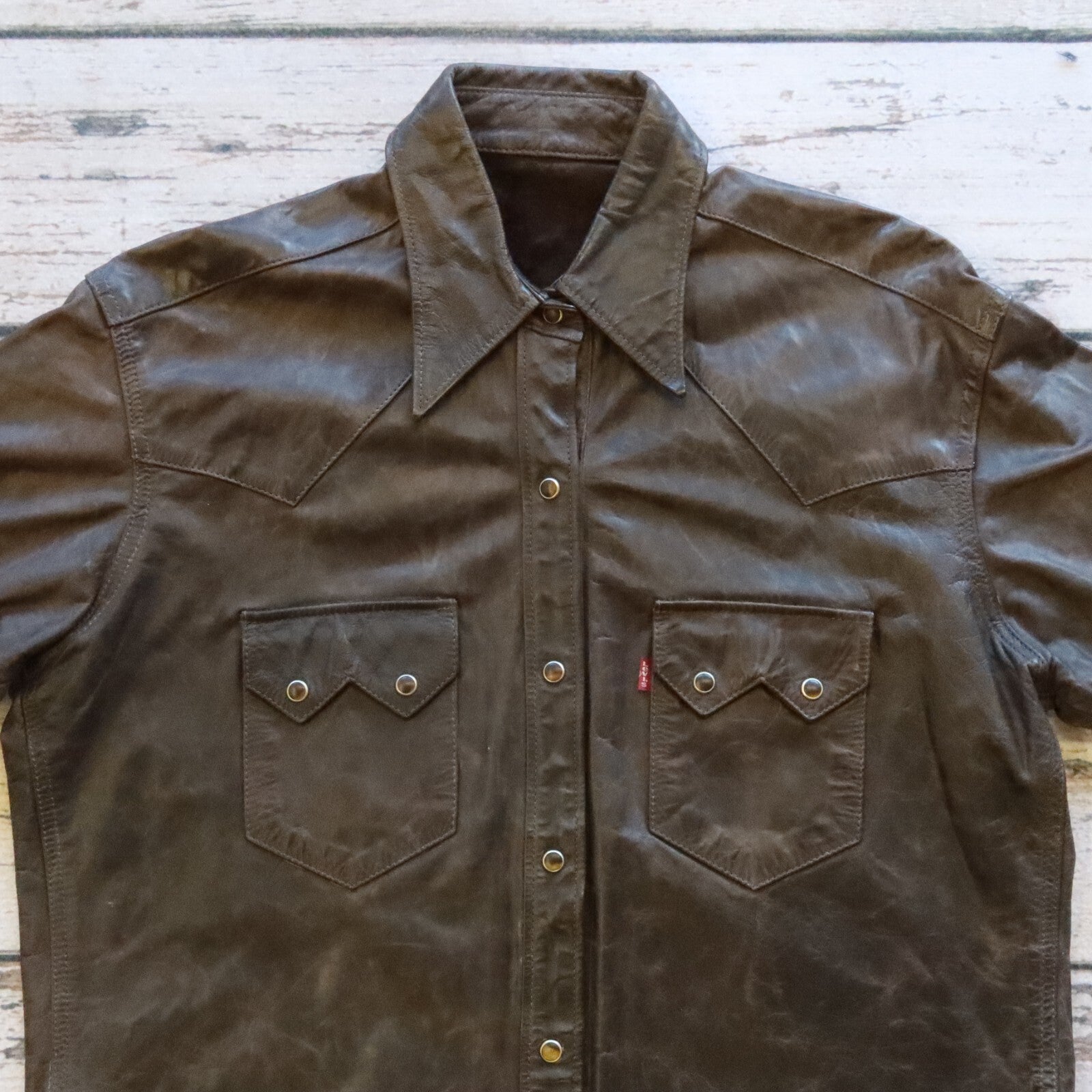 Vintage 90s Levis Sawtooth Pearl Snap Western Leather Shirt