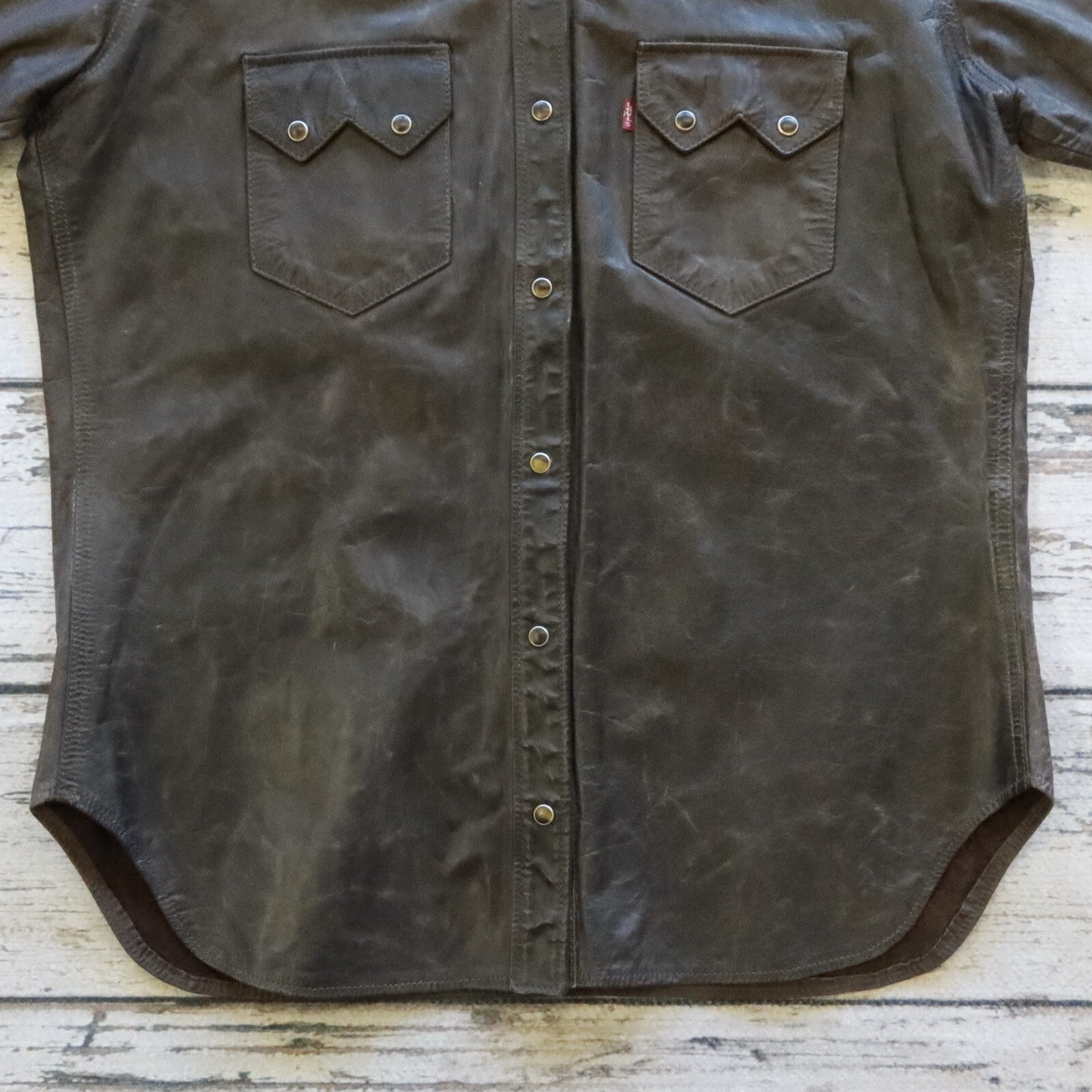 Vintage 90s Levis Sawtooth Pearl Snap Western Leather Shirt